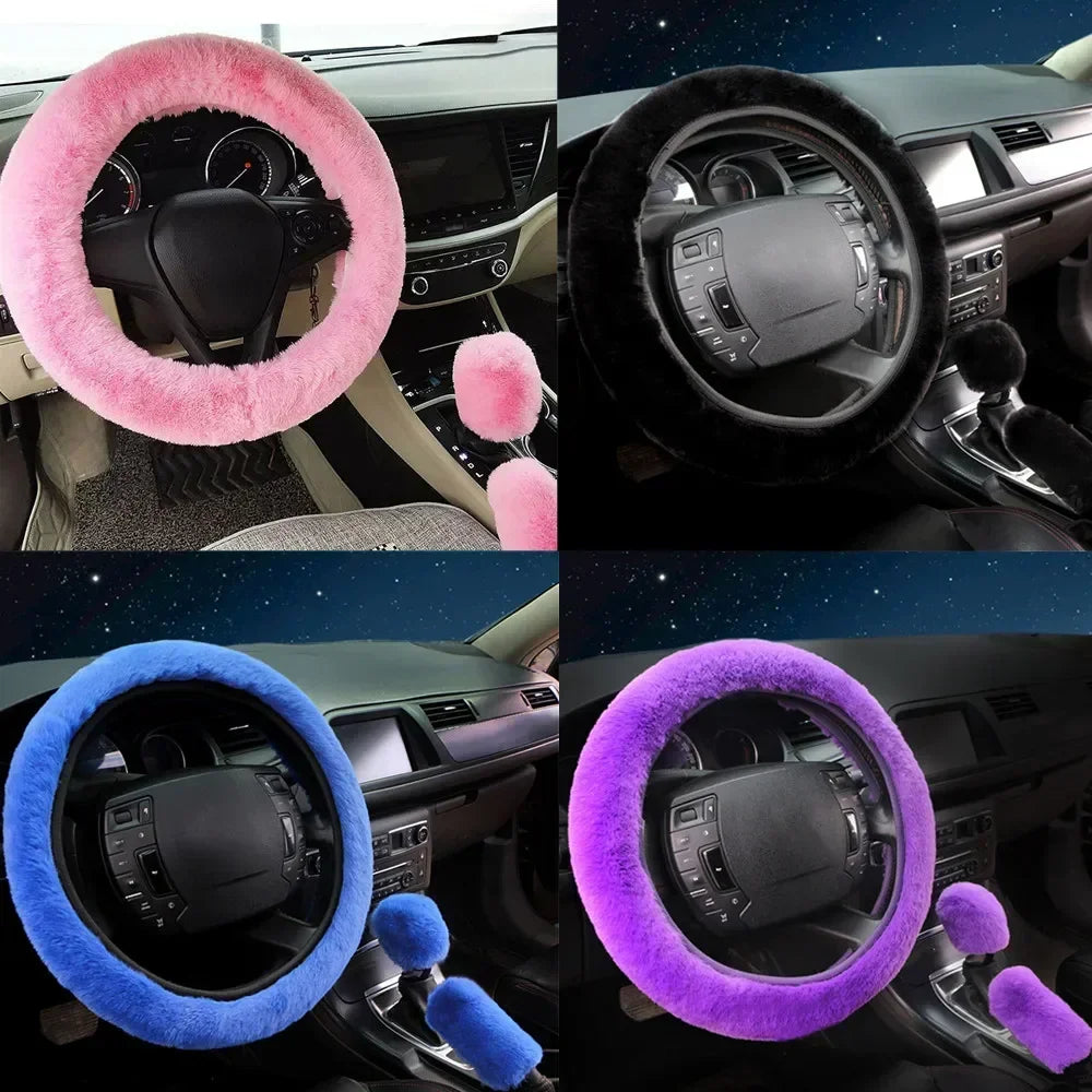 Fluffy Steering Wheel Cover - 3 Piece Soft Wool Winter Set (38cm)