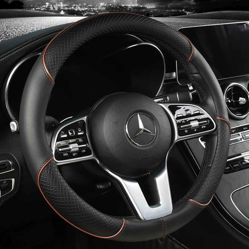 Universal Leather Steering Wheel Cover - Diamond Pattern Anti-Slip (14.5-15 inch)