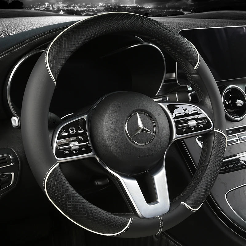 Universal Leather Steering Wheel Cover - Diamond Pattern Anti-Slip (14.5-15 inch)