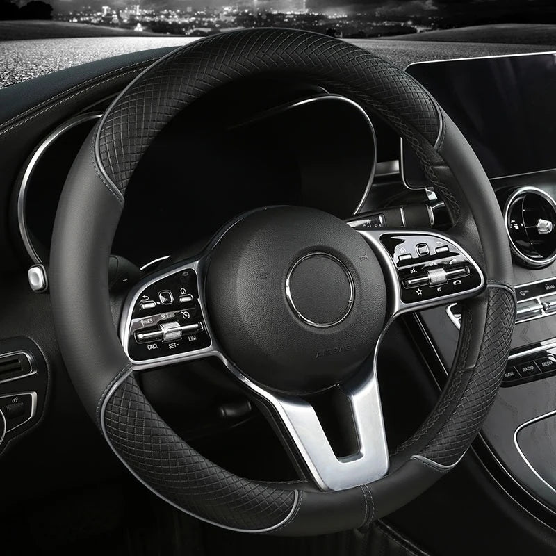 Universal Leather Steering Wheel Cover - Diamond Pattern Anti-Slip (14.5-15 inch)