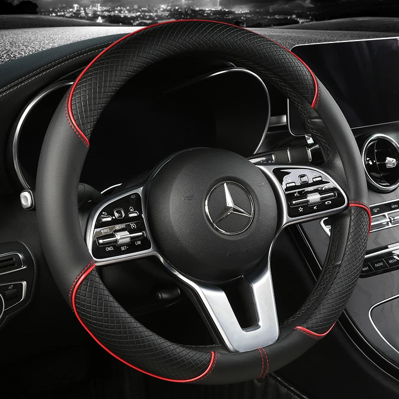 Universal Leather Steering Wheel Cover - Diamond Pattern Anti-Slip (14.5-15 inch)