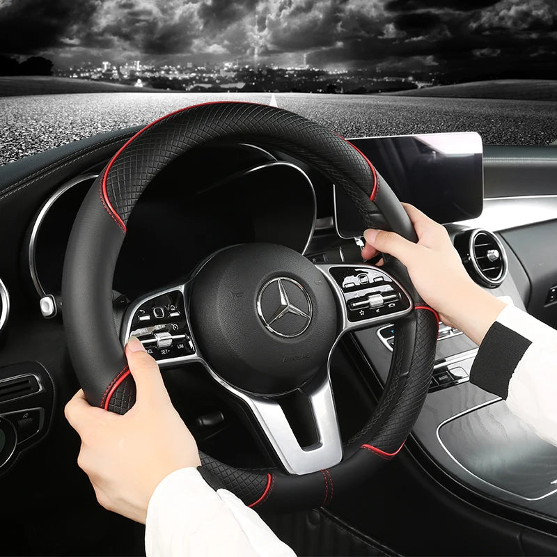 Universal Leather Steering Wheel Cover - Diamond Pattern Anti-Slip (14.5-15 inch)