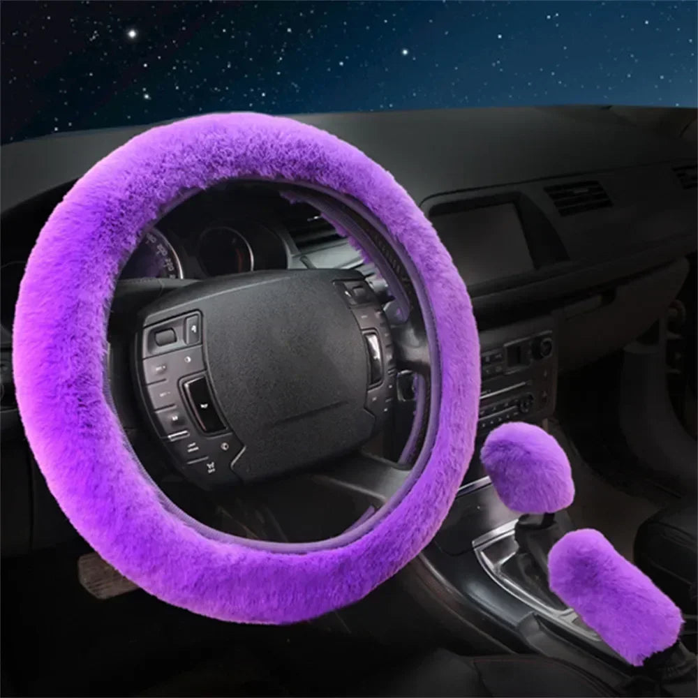 Fluffy Steering Wheel Cover - 3 Piece Soft Wool Winter Set (38cm)