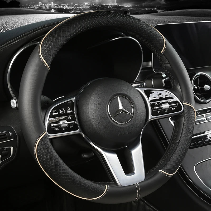 Universal Leather Steering Wheel Cover - Diamond Pattern Anti-Slip (14.5-15 inch)