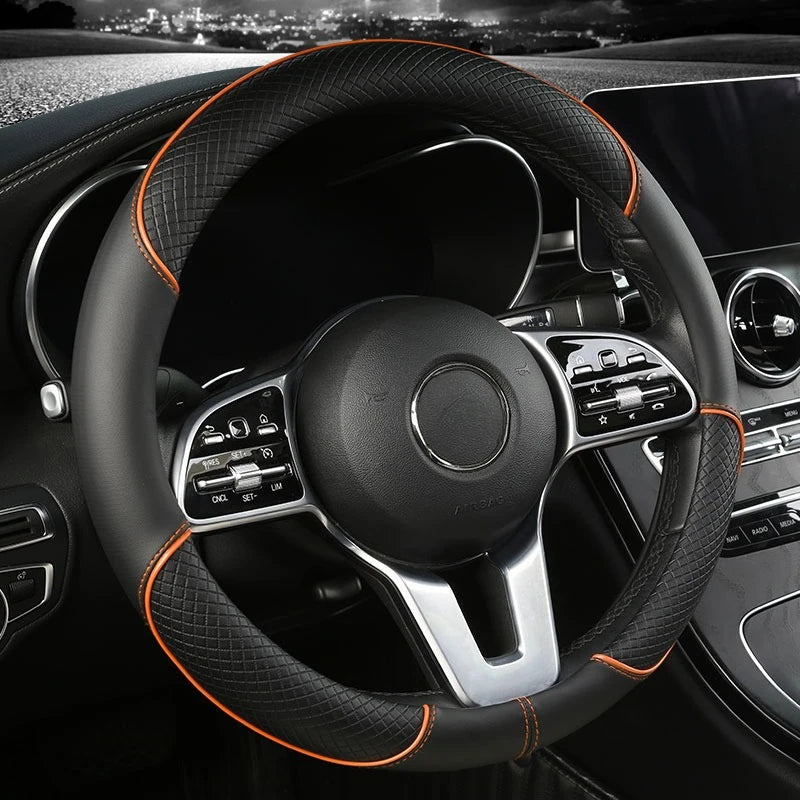 Universal Leather Steering Wheel Cover - Diamond Pattern Anti-Slip (14.5-15 inch)
