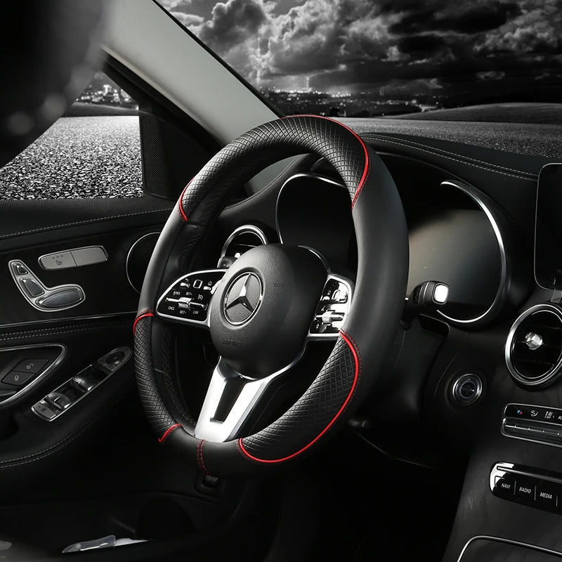 Universal Leather Steering Wheel Cover - Diamond Pattern Anti-Slip (14.5-15 inch)