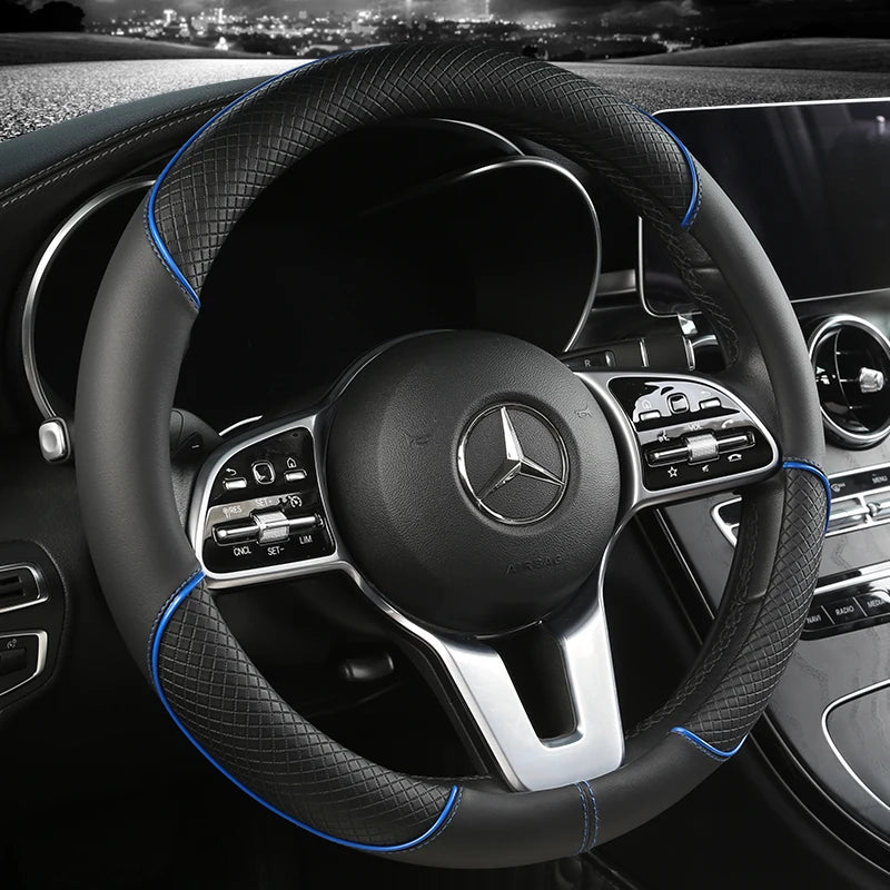 Universal Leather Steering Wheel Cover - Diamond Pattern Anti-Slip (14.5-15 inch)