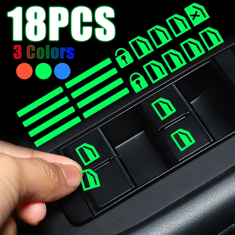 Luminous Car Interior Stickers - 18 Piece Glow-in-Dark Window Control Panel Set