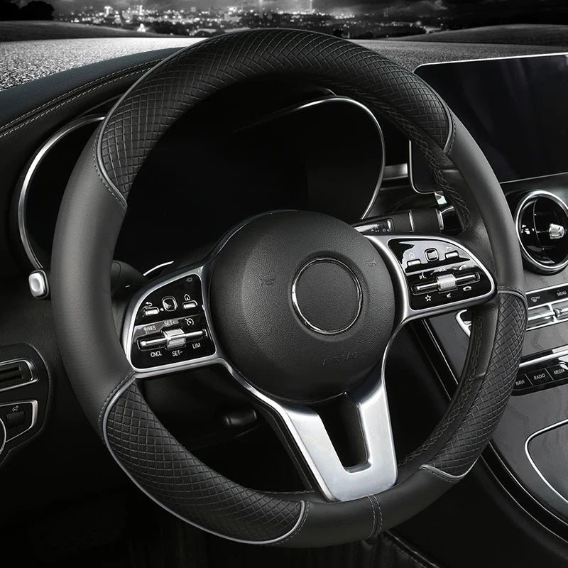 Universal Leather Steering Wheel Cover - Diamond Pattern Anti-Slip (14.5-15 inch)