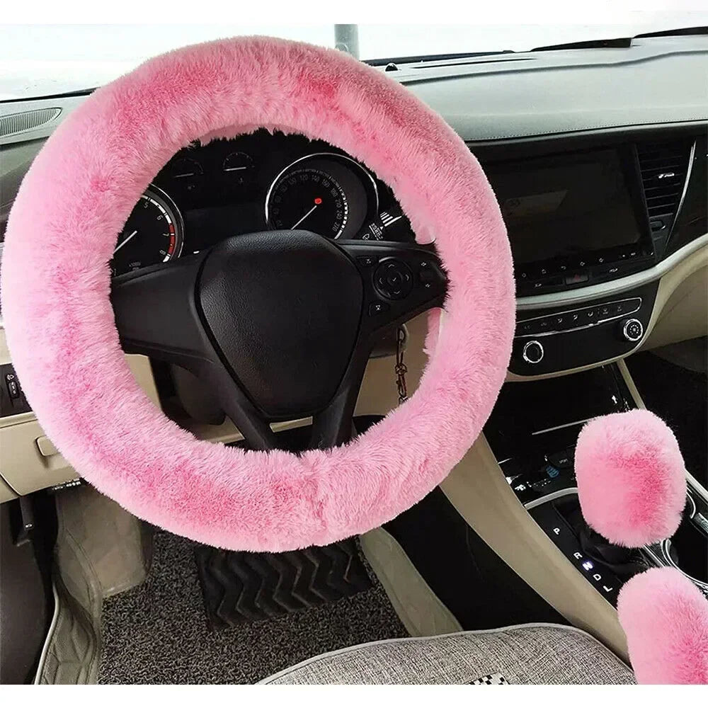 Fluffy Steering Wheel Cover - 3 Piece Soft Wool Winter Set (38cm)