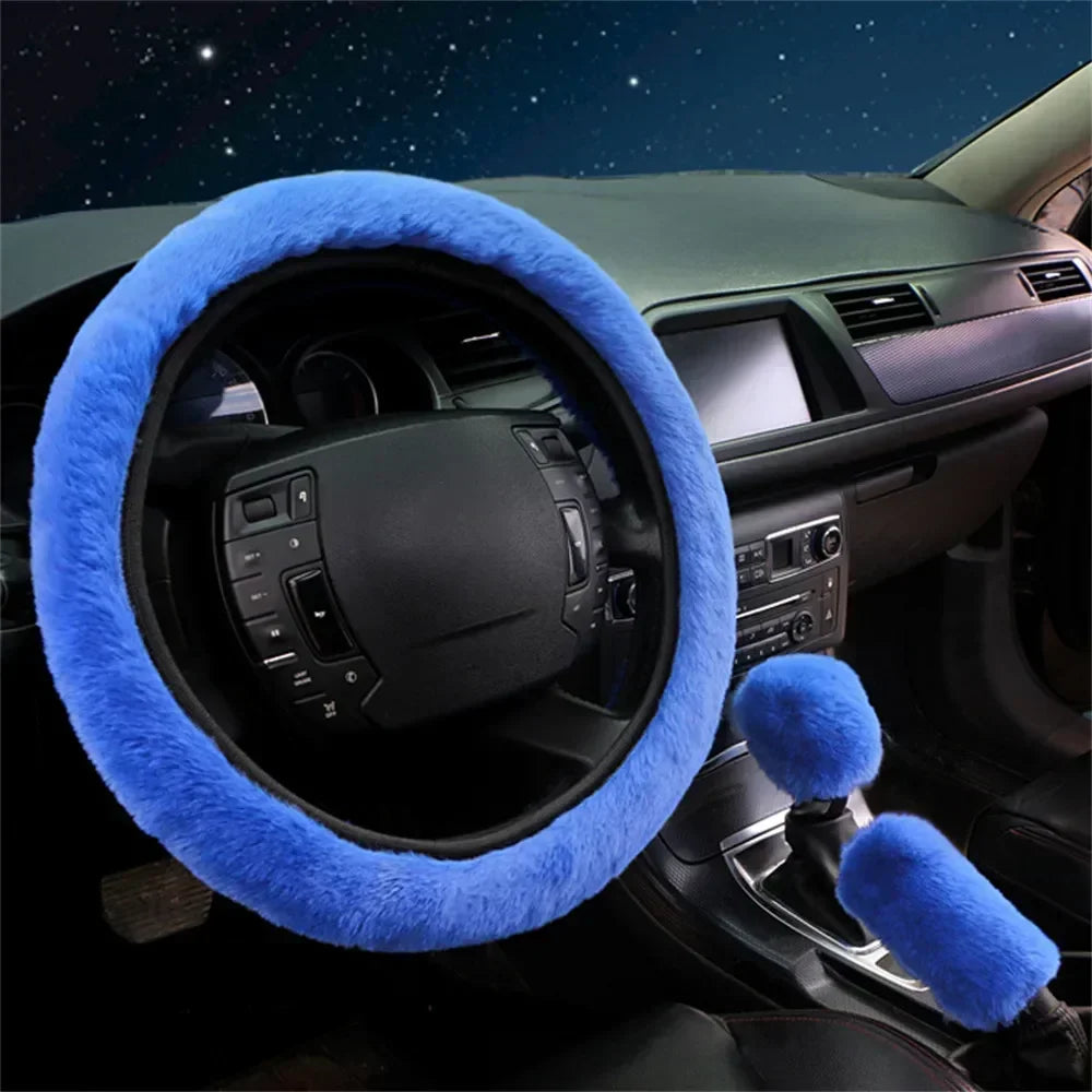 Fluffy Steering Wheel Cover - 3 Piece Soft Wool Winter Set (38cm)